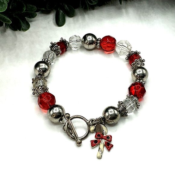 Beaded Bracelet Red and Clear With Silver Accents and Candy Cane Charm - Picture 3 of 8